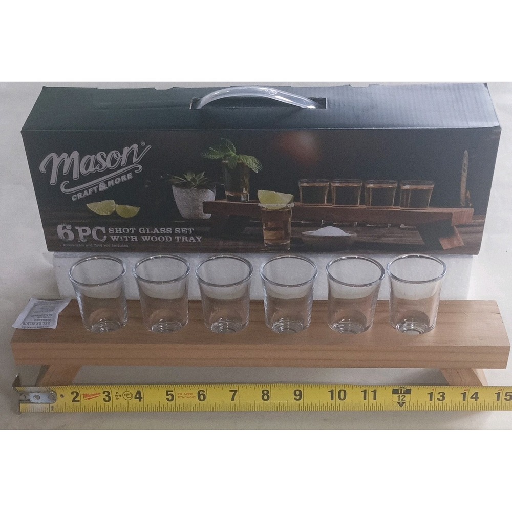 Mason Craft & More 6pc Shot Glass Set with Wood Tray 1.7 fl oz Clear Brown New